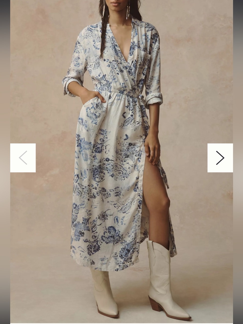 Anthropologie Pilcro V-Neck Wrap Midi Dress Cream Blue Linen Blend Long Slv L